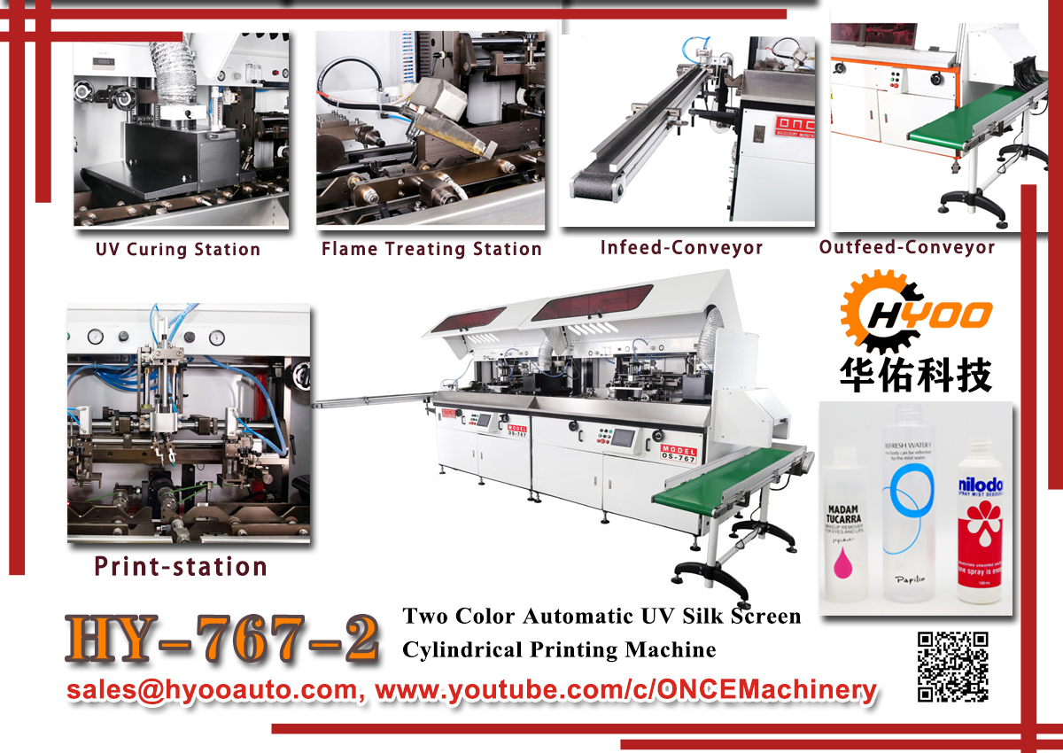 Huayu-Automation-HY-767-2-Fully-Automatic-Screen-Printing-Machine-Printer-for-2Colors-Silicone-Sealant-Tube-Cosmetic-Tube-NILODO-SCHWARZKOPF-MADAM-TUCARRA-UV-Curing-Station-Flame-Treating-Station-Infeed-Conveyor-Outfeed-Conveyor-Print-Station